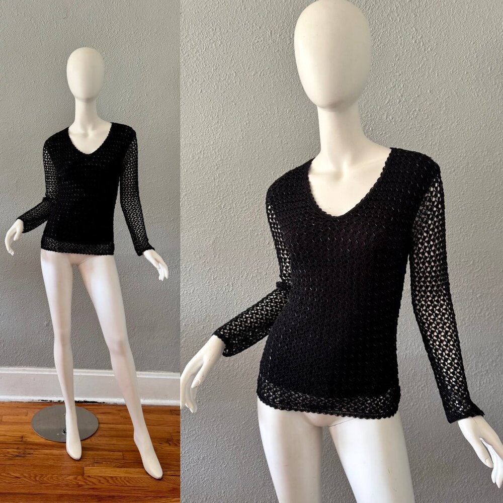 Vintage 90s Black Beaded Long Sleeve Sweater Top S